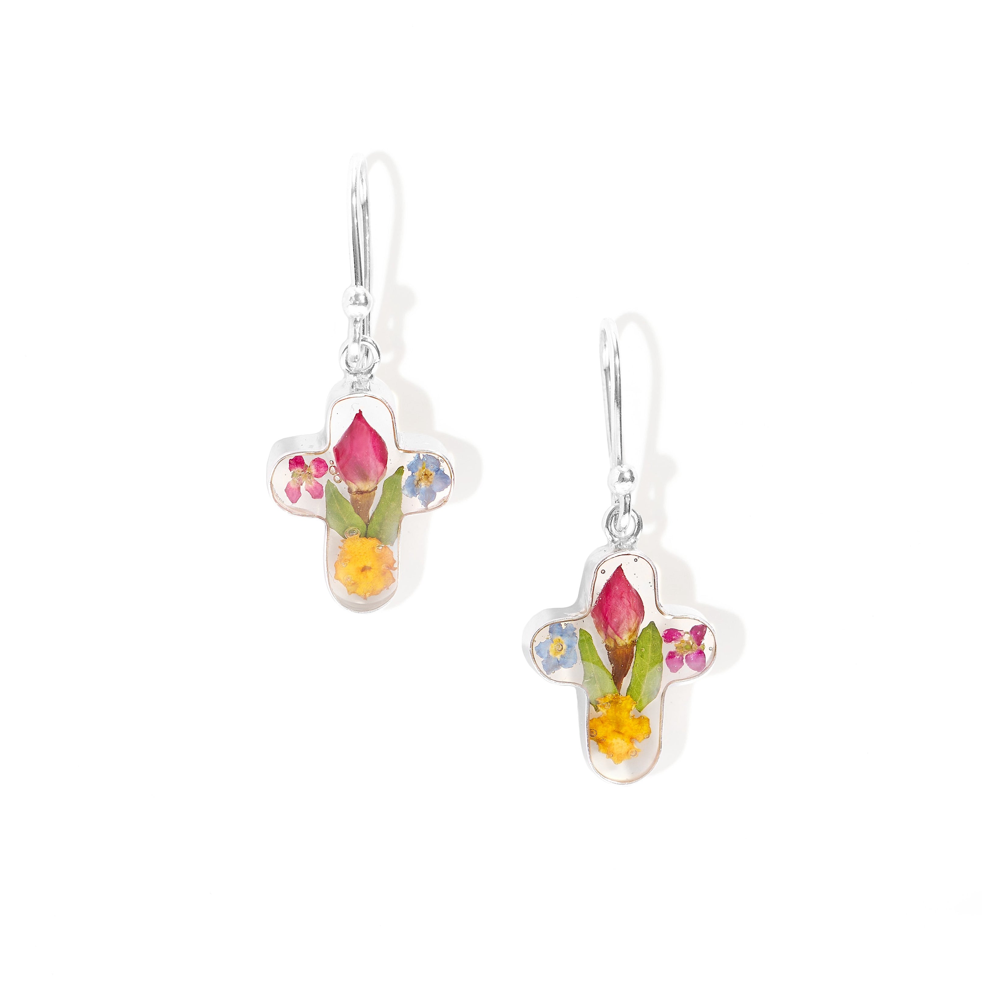 Eternal Cross Earrings with Multi Colored Flowers