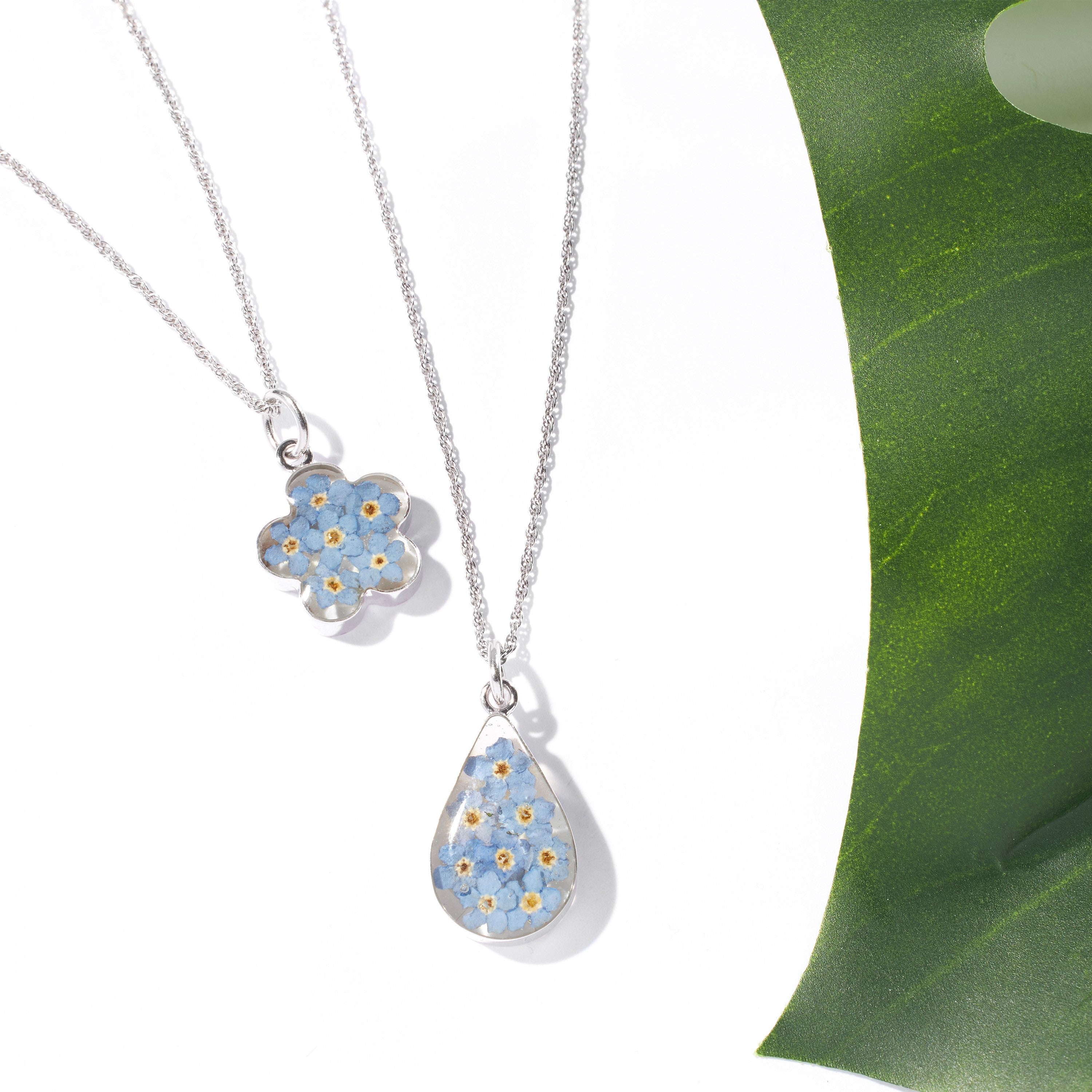 Eternal Bloom Teardrop Necklace with Forget-Me-Not Flowers