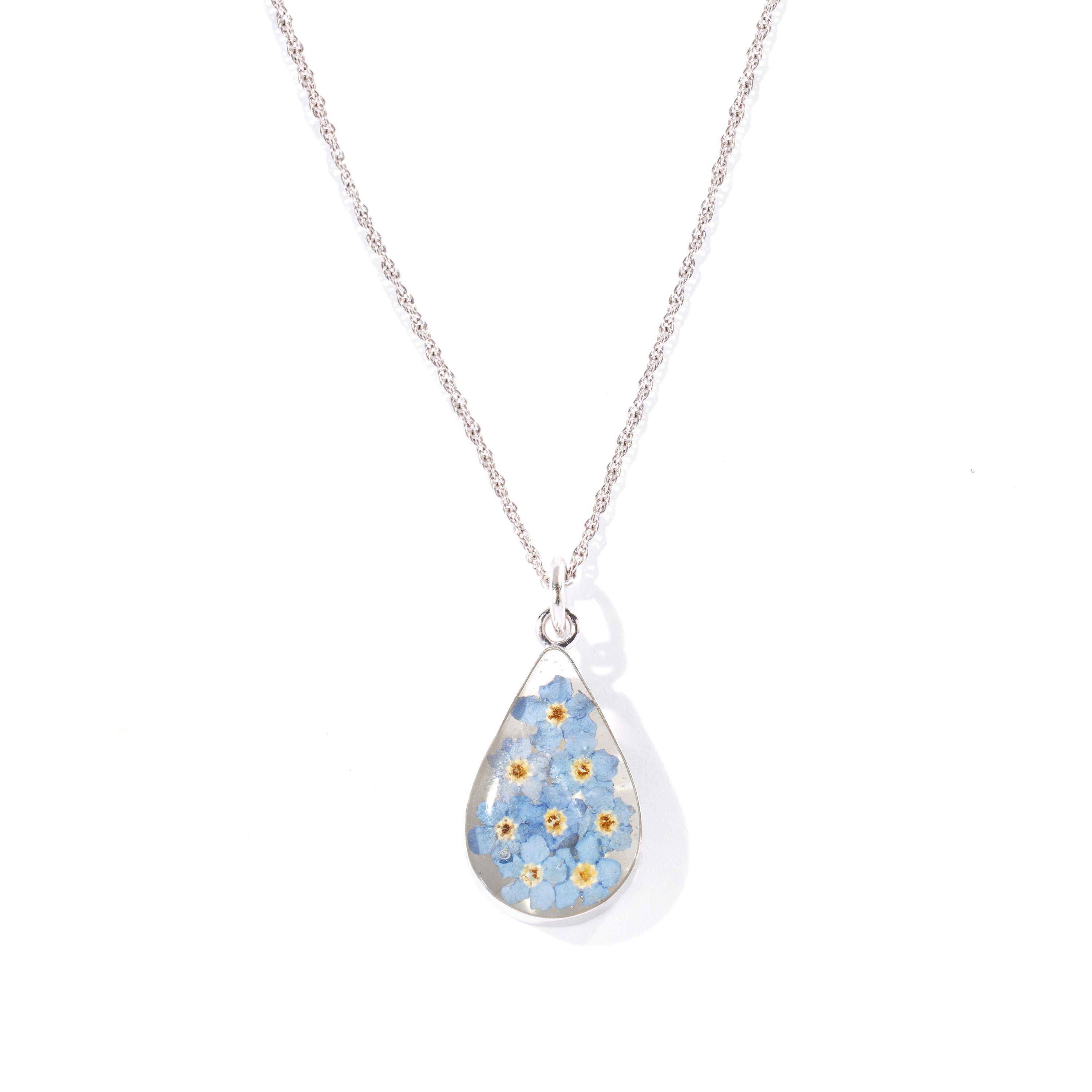 Eternal Bloom Teardrop Necklace with Forget-Me-Not Flowers