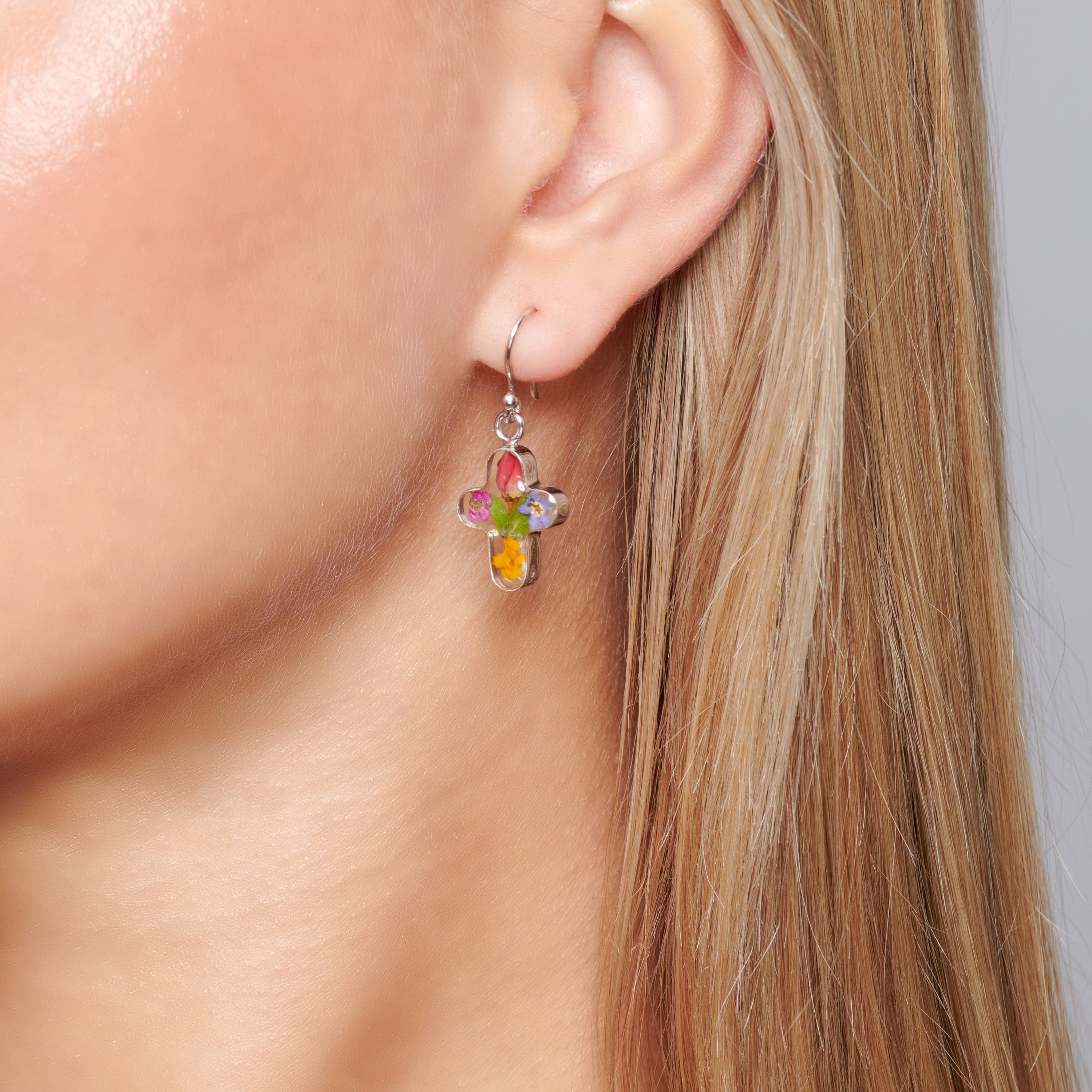 Eternal Cross Earrings with Multi Colored Flowers