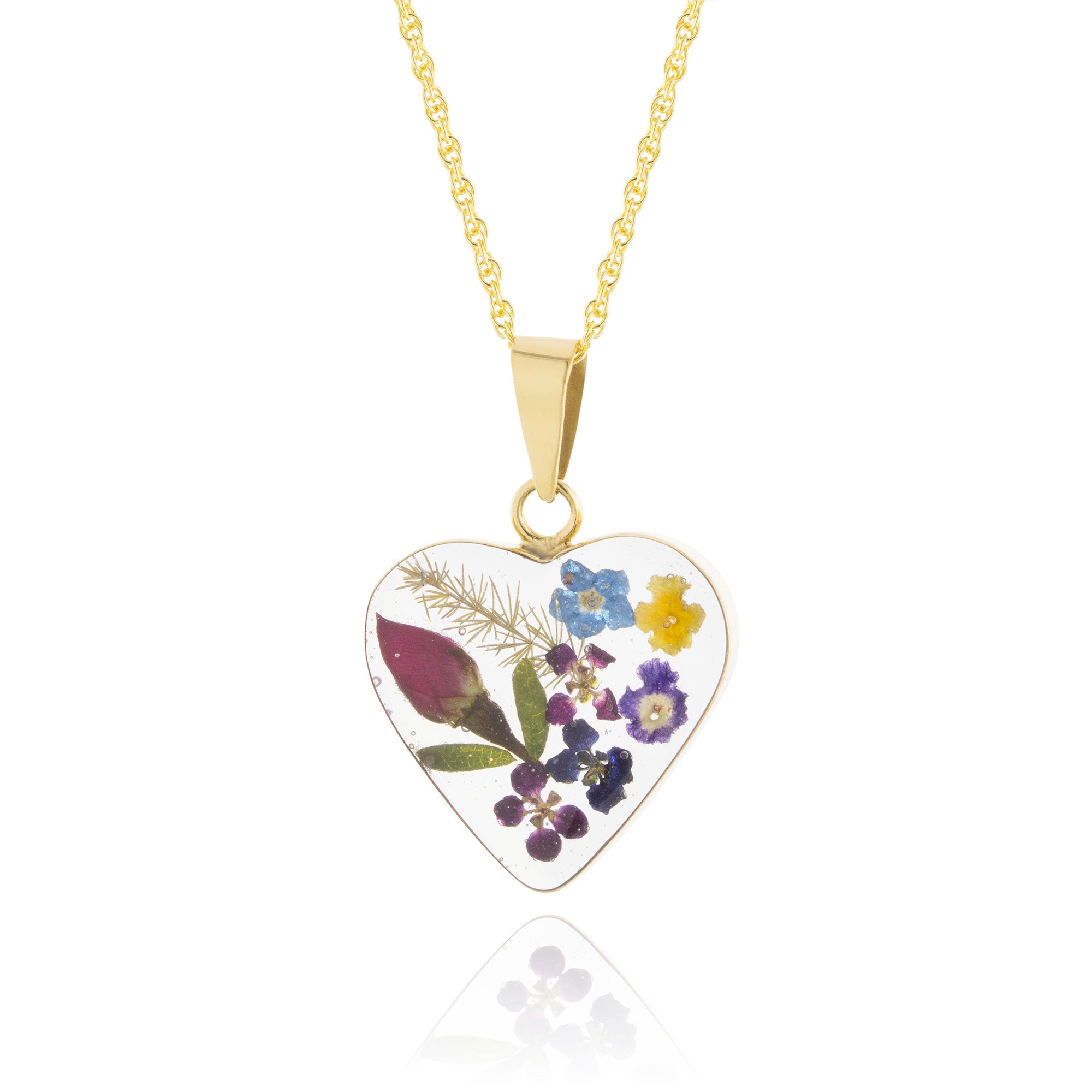 24k Gold Over Silver Pressed Flower Heart Pendant Necklace